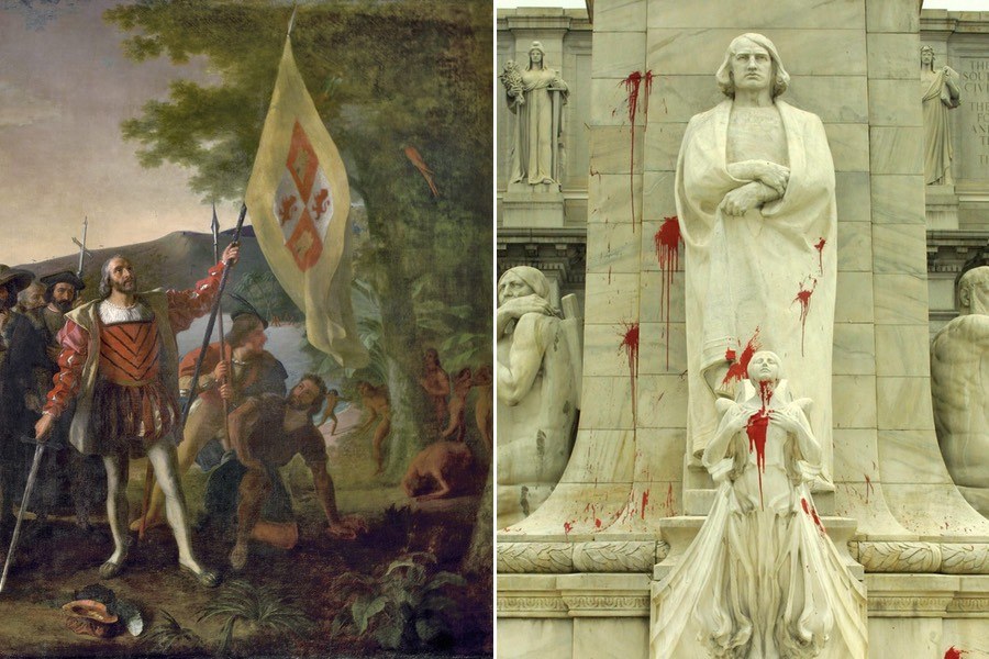 Two Columbus depictions: one by the painter John Vanderlyn in 1847, another by vandals more than 150 years later in Washington, D.C. Left photo via Wikimedia Commons; right by Chris Maddaloni/Getty Images.