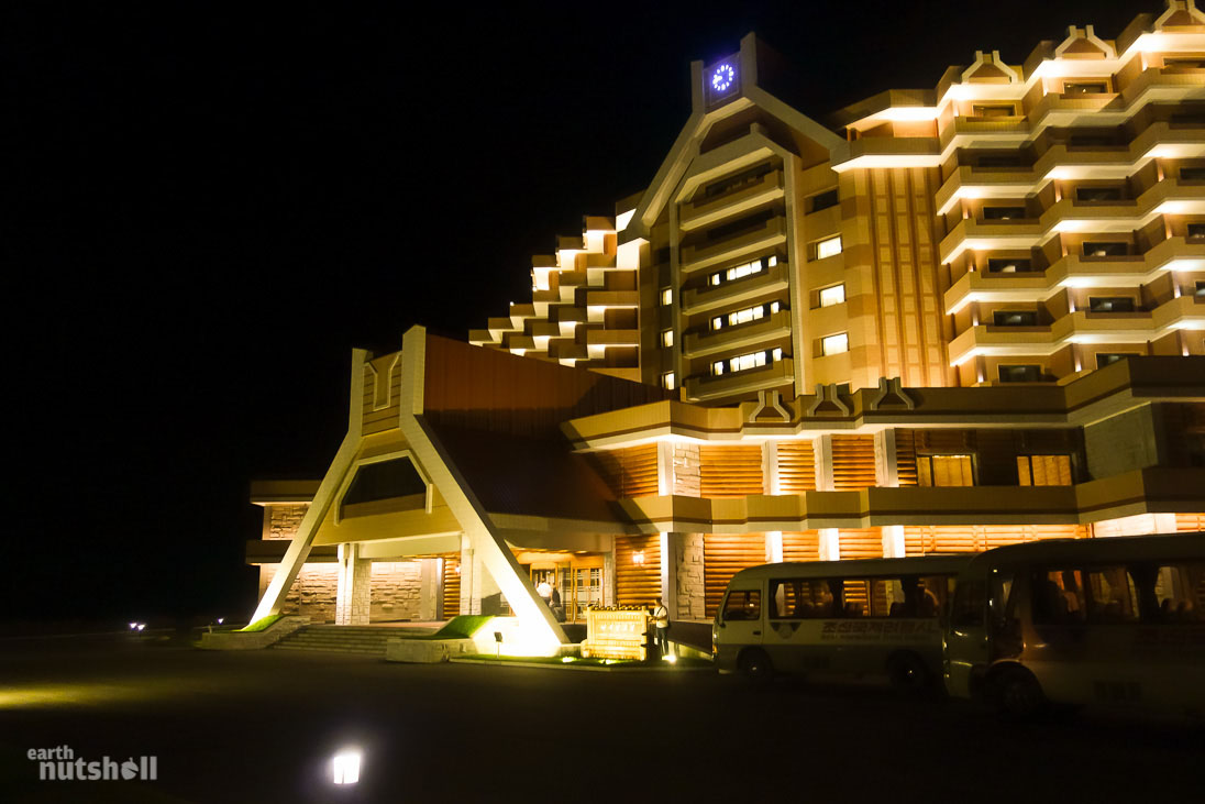  This is Masikryong Hotel inside the Masikryong Ski Resort (Masik Pass), one of the most luxurious hotels in North Korea. It was built at the order of Marshal Kim Jong-Un in just 10 months by the Korean People’s Army to boost tourism numbers. It’s situated in the middle of nowhere and the lights on arrival hit you like a hotel in Las Vegas. I visited during summer so there was no snow and no other guests, yet there was more staff than us. It was an odd visit, but an international standard 5-star hotel inside.