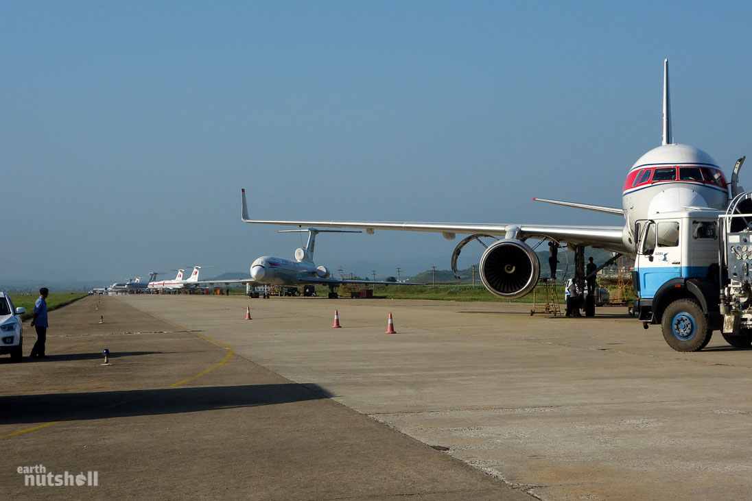 The fleet of North Korean airline ‘Air Koryo’ at Pyongyang Sunan airport. Air Koryo is the only airline rated by Skytrax as ‘one-star’, and until 2010 was banned from flying into the EU after failing to meet regulatory safety standards.