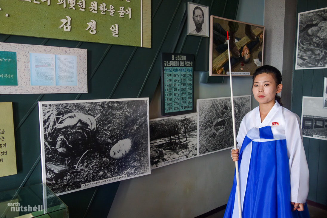 This is the ‘Sinchon Museum of American War Atrocities’. It’s located in Sinchon where an alleged mass murder of North Korean civilians occurred in 1950 at the hands of the United States during the Korean War. For American visitors to North Korea, this may be the one place to make you feel uncomfortable. The murals here are graphic, brutal and depict Americans enjoying the torture of men, women and children using primitive methods. Photographs are uncensored and show mass graves, mutilated corpses and burnt women and children. The final room depicts the surrender of the Americans. The visuals are aggressive and intense, and copies of these murals are used in educational facilities to push the anti-American narrative.