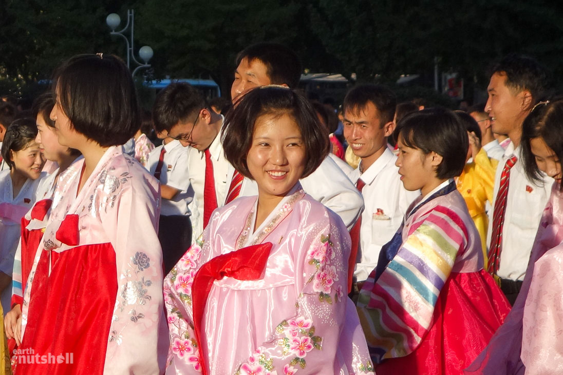 Locals excited to begin a mass dance in Pyongyang for National Day, the celebration of the founding of the Democratic People’s Republic of Korea (North Korea) in 1948.