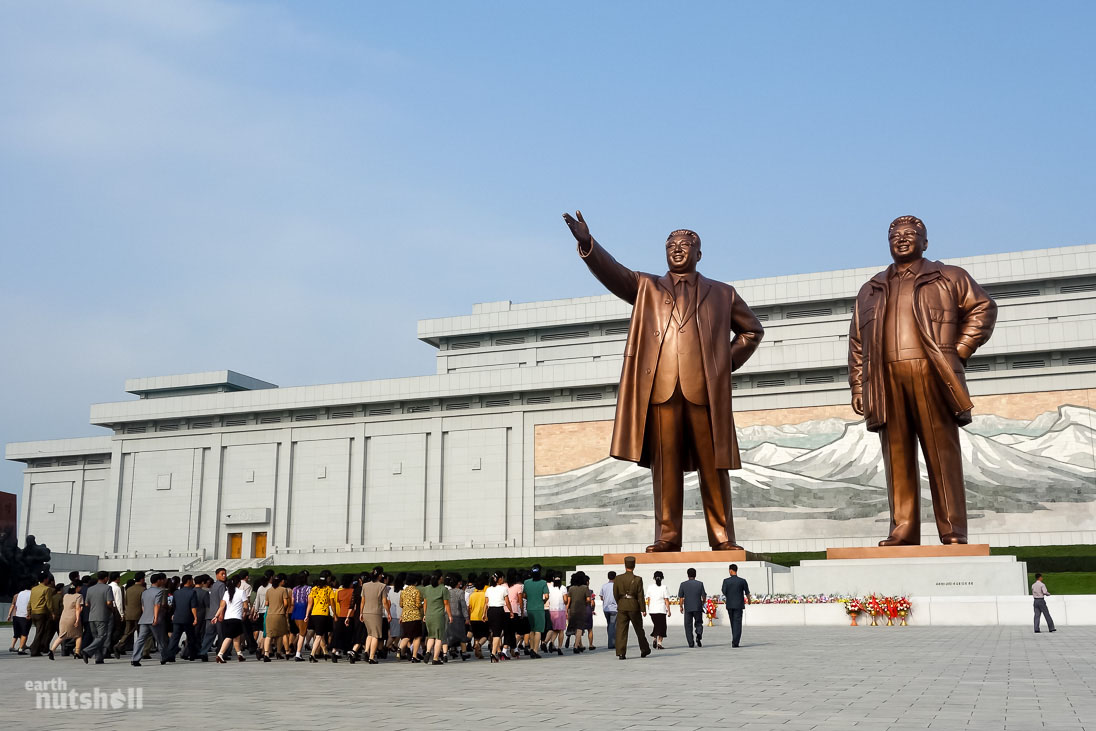 This is the Mansudae Grand Monument in Pyongyang, North Korea’s most sacred monument. Locals will visit here to lay flowers and bow in respect for their past two Great Leaders, President Kim Il-Sung and General Kim Jong-Il, who are revered as the guiding fathers of the Korean people. These statues overlook the city and remain illuminated at night.