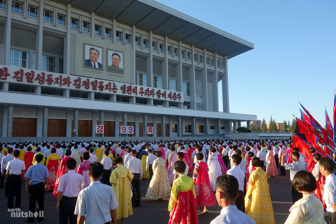 Public holidays in North Korea usually include a colourful and choreographed mass dance celebration. This one was for National Day, the day of the founding of North Korea. As a tourist you’re permitted to join and dance with the locals which I did with my guide. The statement under the portraits translates to “Comrade Kim Il-Sung and Comrade Kim Jong-Il will be with us eternally”.