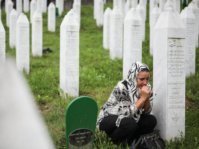 A mourner at the Potocari Memorial Centre in Srebrenica in July 2018
