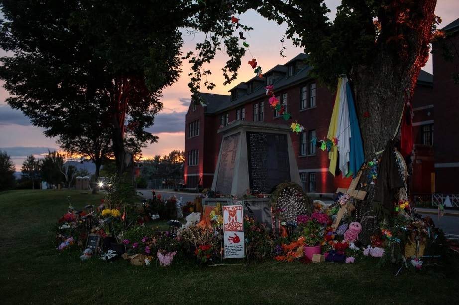 A memorial for the 215 children whose remains were discovered in May near the Kamloops Indian Residential School, in Kamloops, British Columbia.